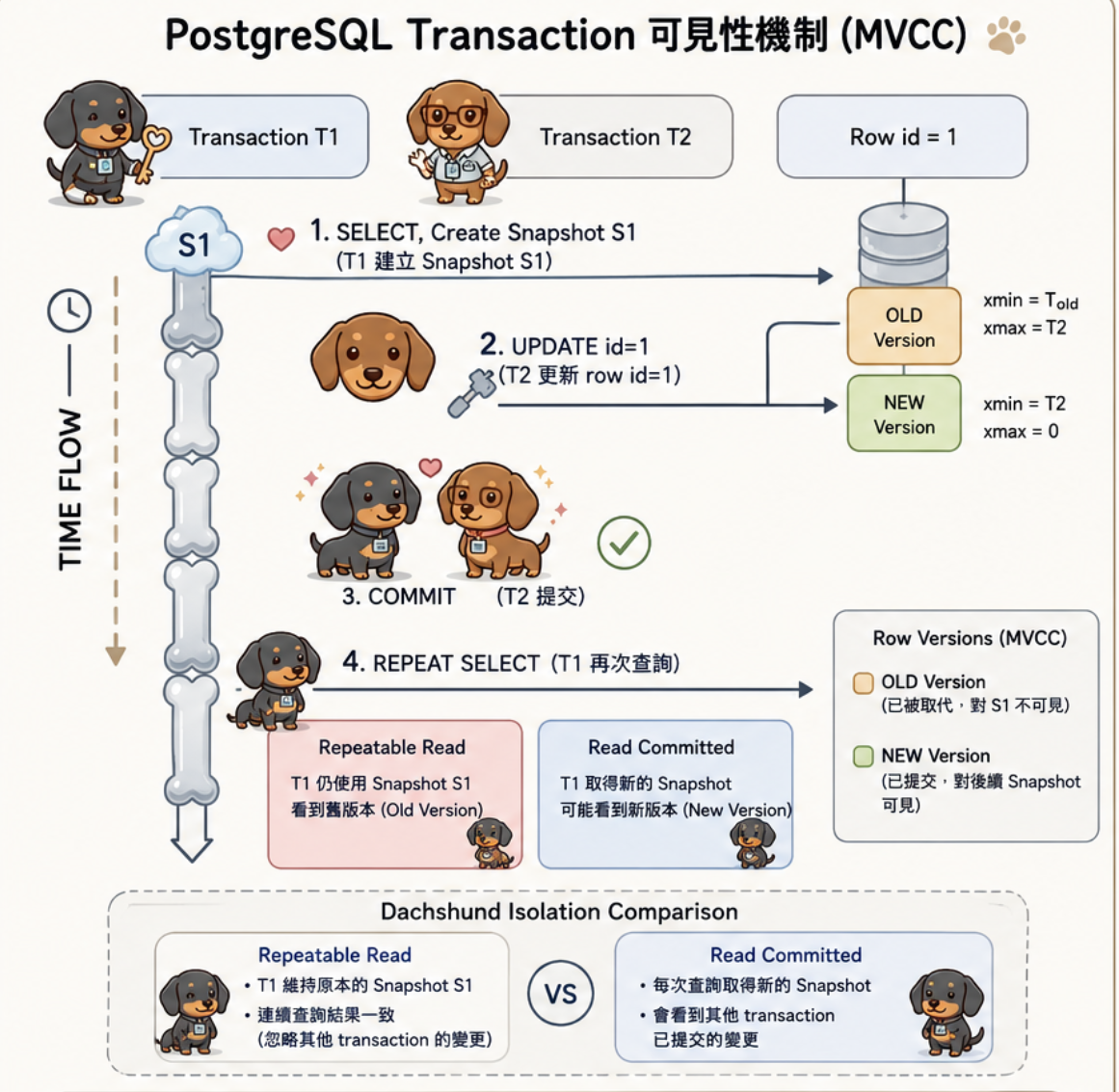 PostgreSQL transaction MVCC visibility diagram with T1, T2, row versions, snapshots, Repeatable Read, and Read Committed