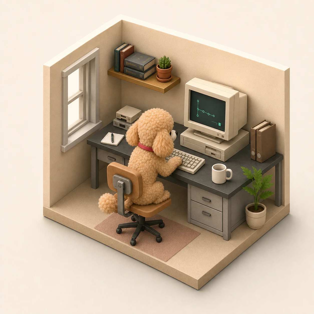 An apricot poodle typing at a retro computer in a warm isometric home office